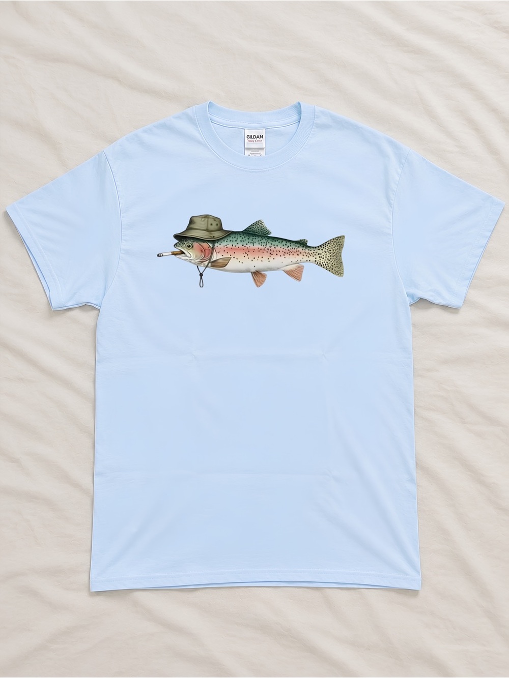 Gildan Rainbow Trout Bucket Hat Funny Fishing T-Shirt, Smoking Fish Meme Tee